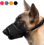 HEELE soft nylon dog muzzle front view on a large black dog showing the breathable mesh panels.