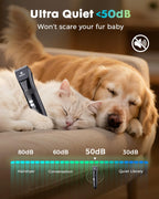 Quiet electric pet clippers showing interchangeable heads and multiple guide comb accessories.