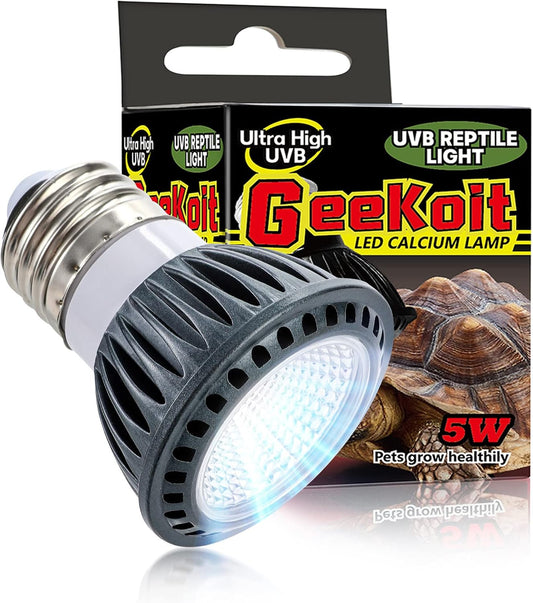 GeeKoit Premium High-Intensity Desert UVB Reptile Light front view showcasing the compact LED bulb and metal housing.
