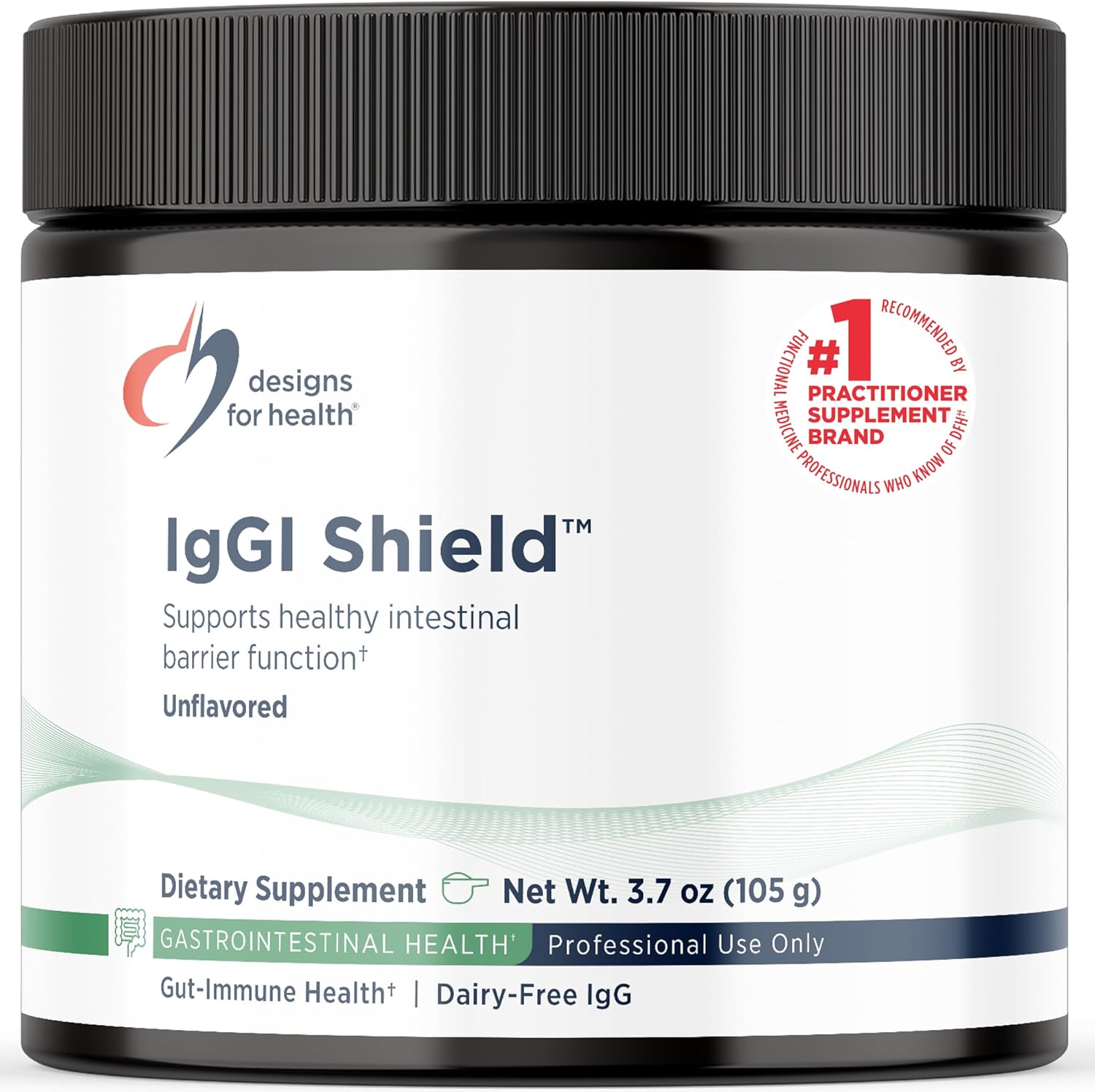 Designs For Health IgGI Shield Powder front view bottle for dairy-free gut health