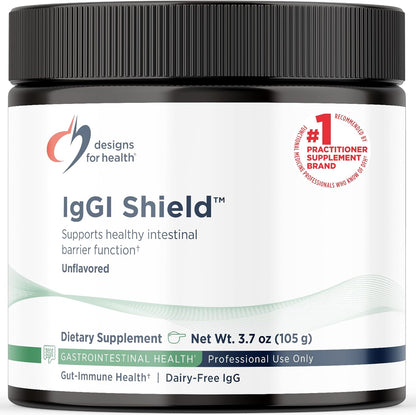 Designs For Health IgGI Shield Powder front view bottle for dairy-free gut health