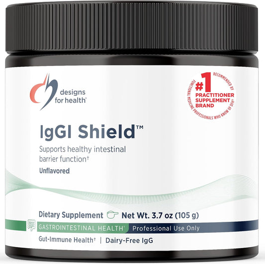 Designs For Health IgGI Shield Powder front view bottle for dairy-free gut health