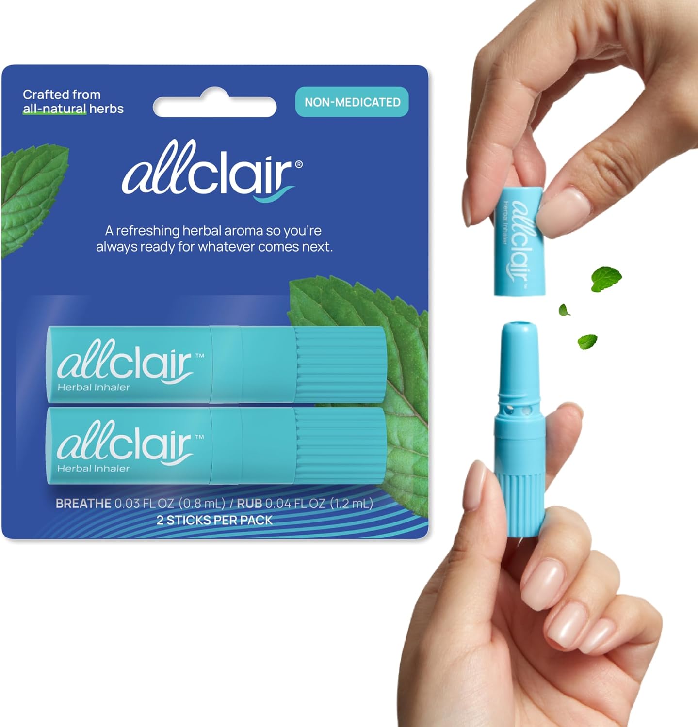 Allclair Nausea Relief Inhaler front packaging view showing two count pack for motion sickness relief
