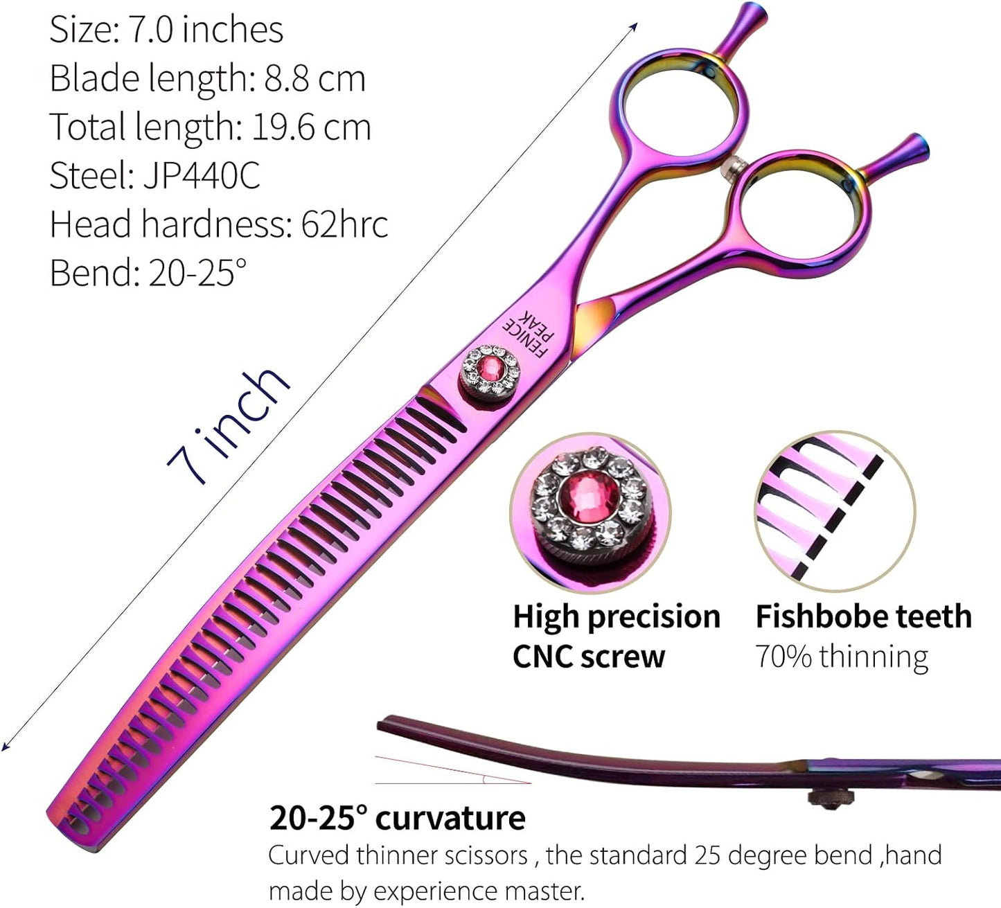 Fenice Peak seven inch dog thinning scissors with rhinestone tension screw.