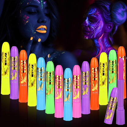 VESPRO 15 piece glow body and face paint stick set front view showcasing the variety of neon colors.