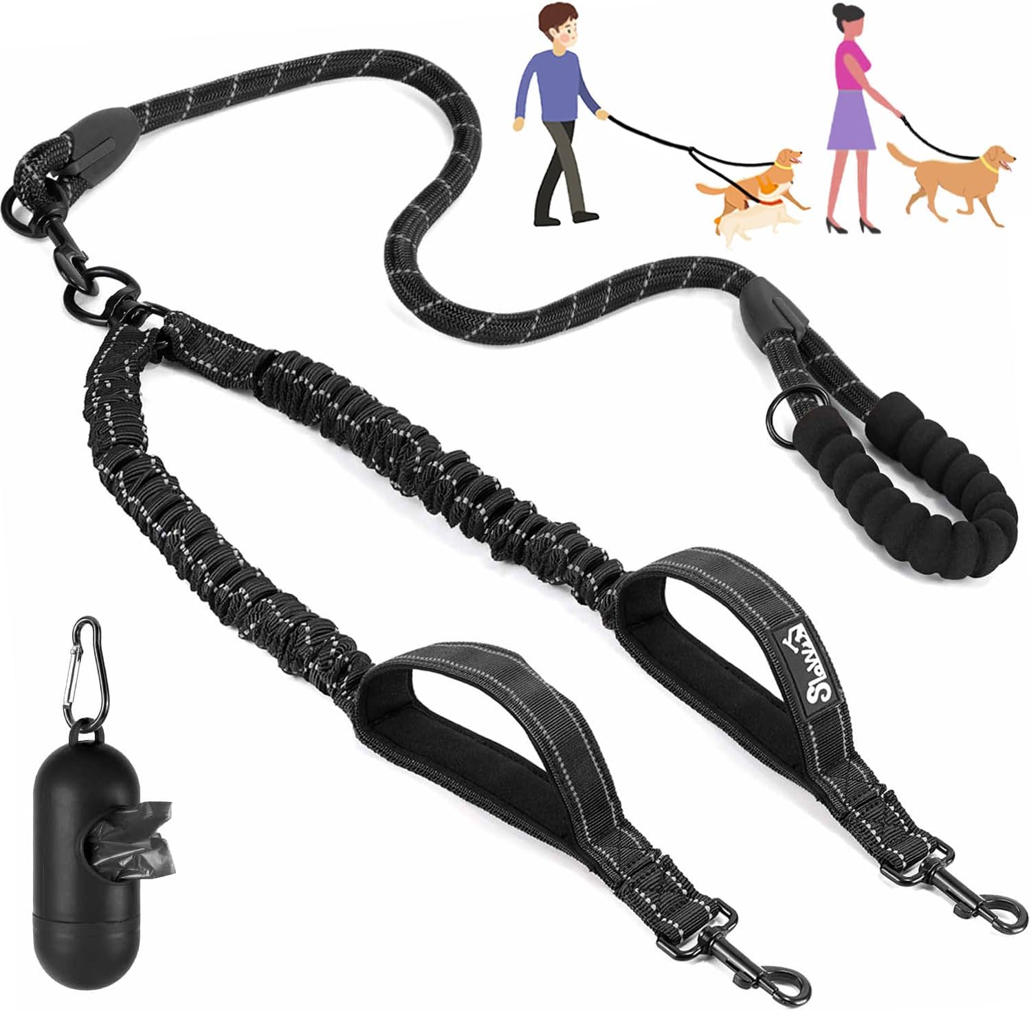Lukovee double dog leash with included waste bag holder attached to the metal ring.