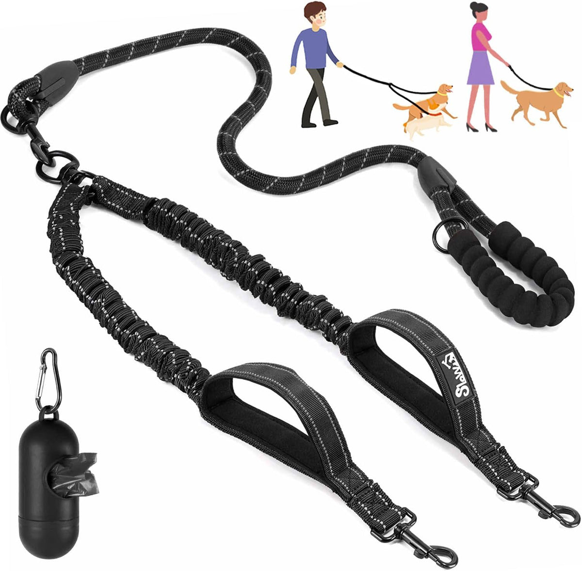 Lukovee double dog leash with included waste bag holder attached to the metal ring.