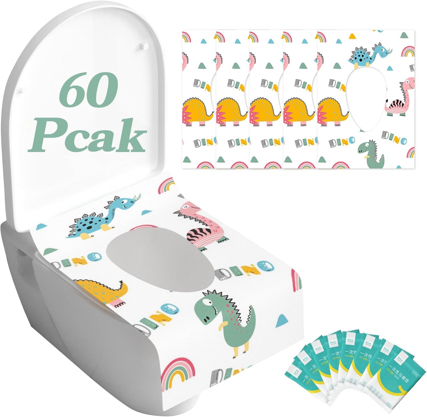 YOUNGTIME dinosaur disposable toilet seat covers 60 pack front view displaying the child friendly colorful cartoon print.