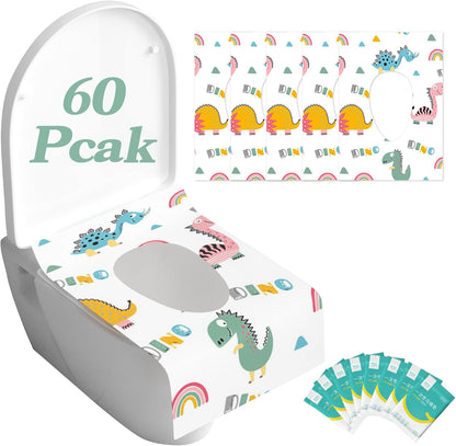 YOUNGTIME dinosaur disposable toilet seat covers 60 pack front view displaying the child friendly colorful cartoon print.