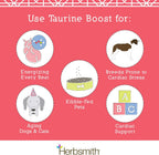 Herbsmith Taurine Boost cardiac formula side label detailing taurine and L-carnitine dosage guide