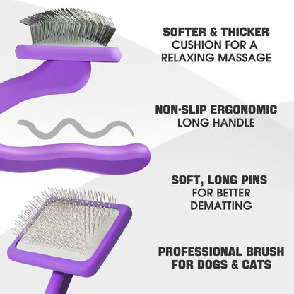Bonteck purple pet slicker brush showcasing the ergonomic anti slip handle and dense steel wire pins.