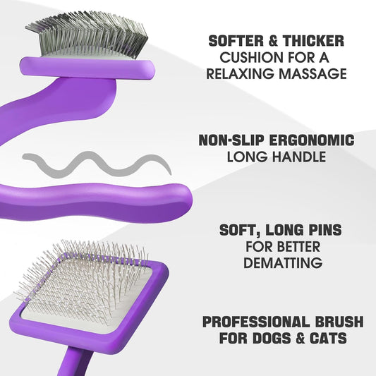 Bonteck purple pet slicker brush showcasing the ergonomic anti slip handle and dense steel wire pins.
