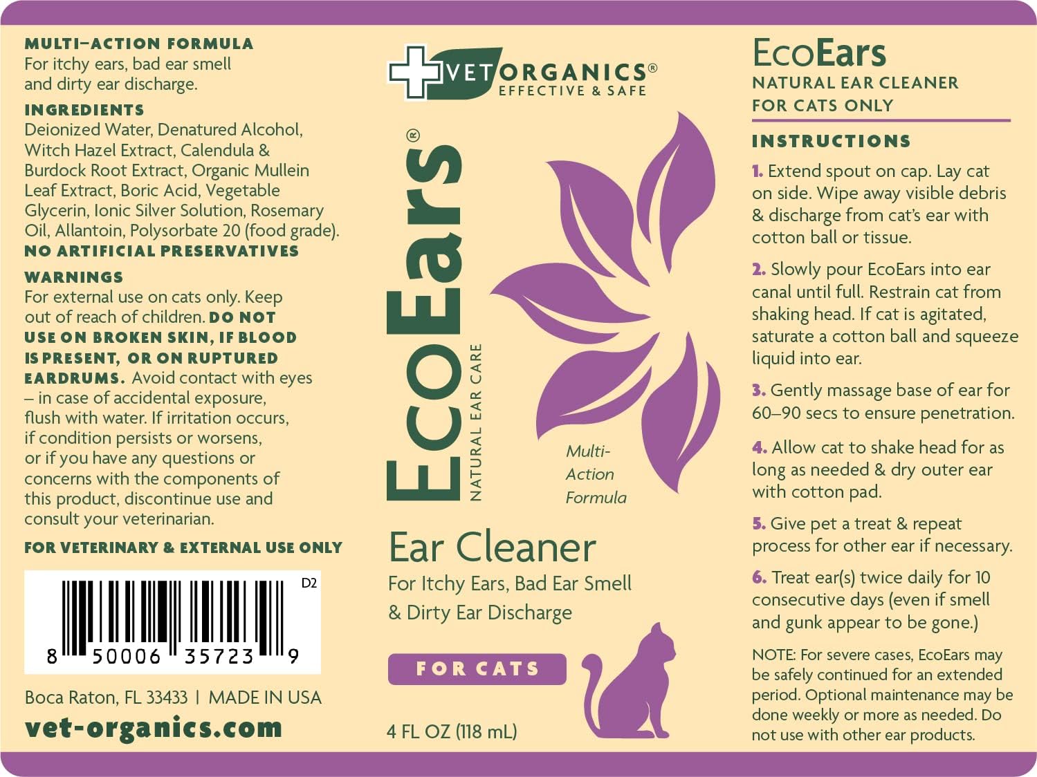 Vet Organics EcoEars 4 ounce bottle packaging