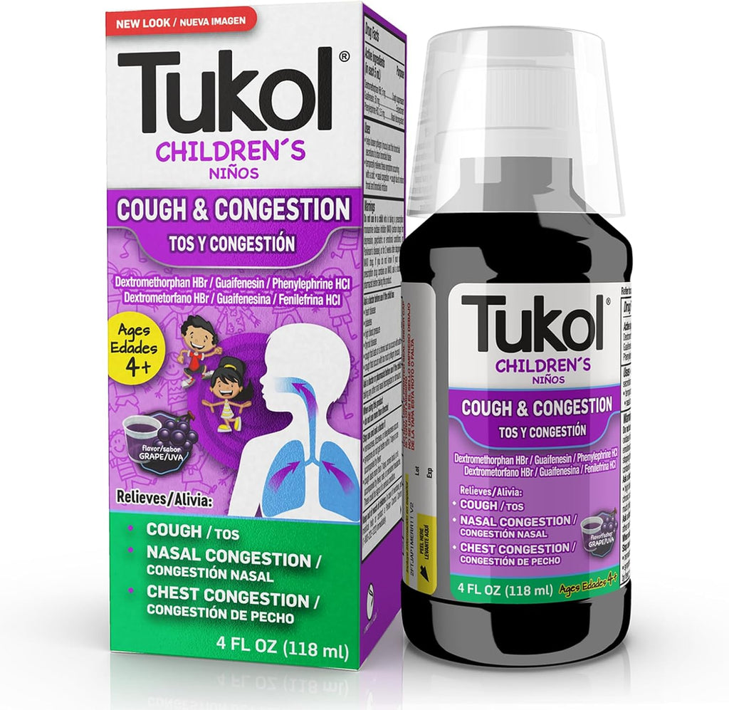 TUKOL Childrens Cough Medicine bottle front view for kids congestion relief