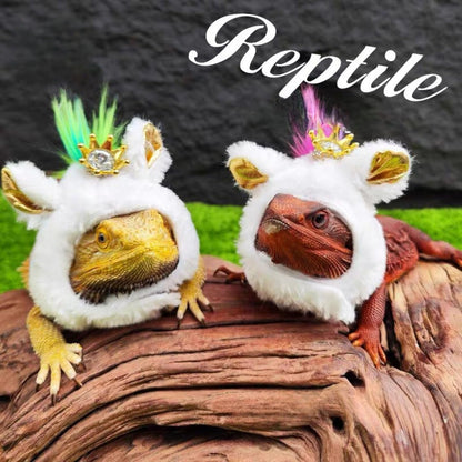 White miniature plush cap with gold crown decoration for exotic pets and lizards.