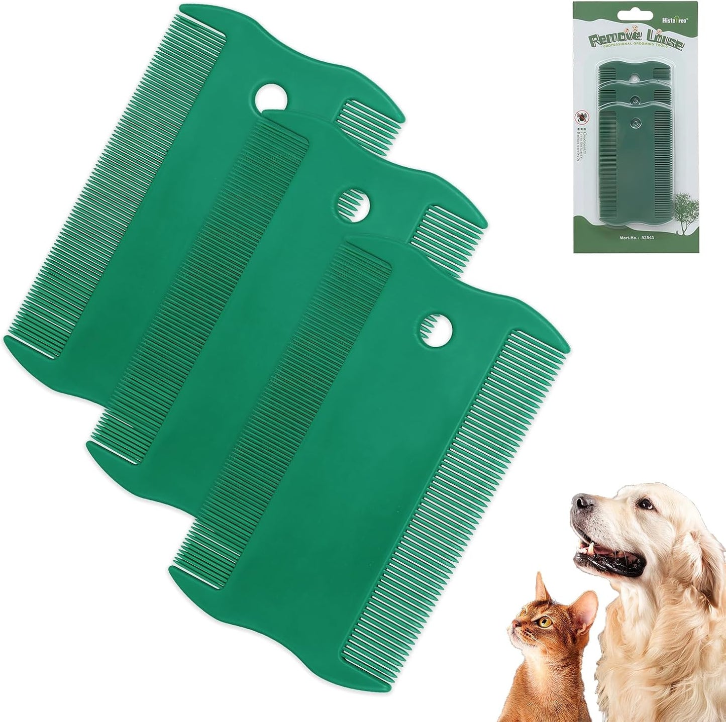 Green Pet Double-Sided Flea Comb Set 3 Pack Dog Lice&Tick Comb Cat Fine&Wide Tooth Comb for Dogs and Cats Remove Loose Hair Dirt Fleas - Image 1
