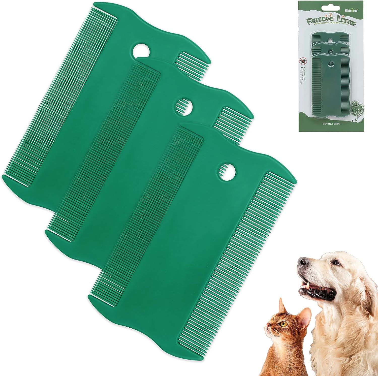 Green Pet Double-Sided Flea Comb Set 3 Pack Dog Lice&Tick Comb Cat Fine&Wide Tooth Comb for Dogs and Cats Remove Loose Hair Dirt Fleas - Image 1