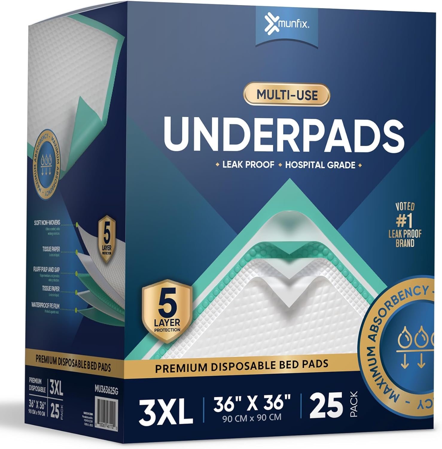 Munfix disposable bed pads front view of 50 count packaging