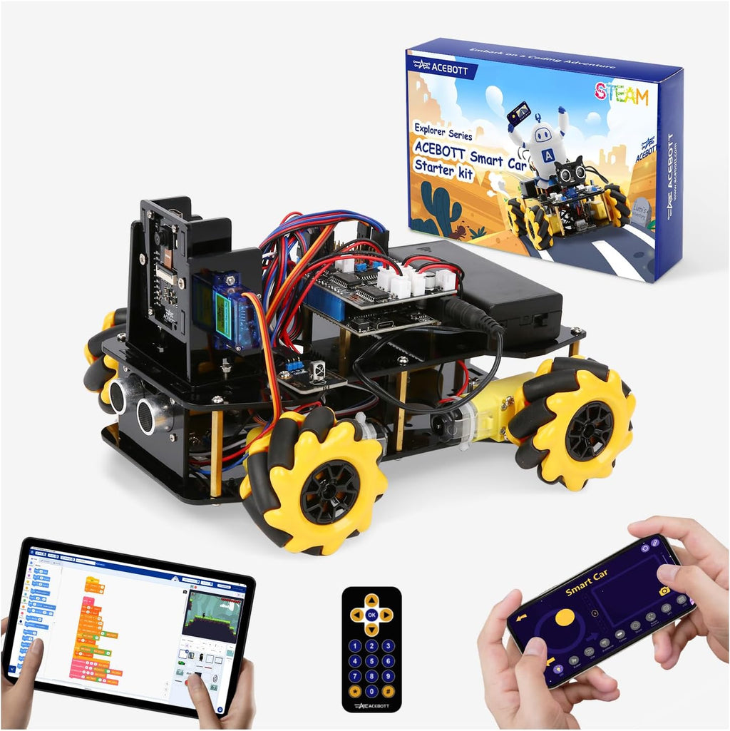 Acebott Smart Robot Car Kit front view with mecanum wheels