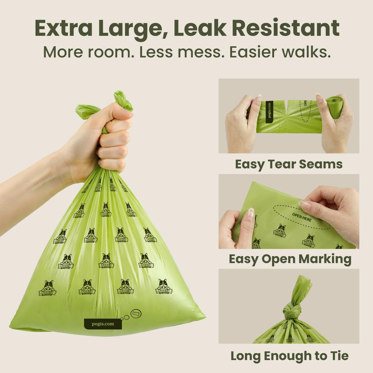 Premium imported pet waste bag holder attached to a dog leash using a heavy duty blue clip