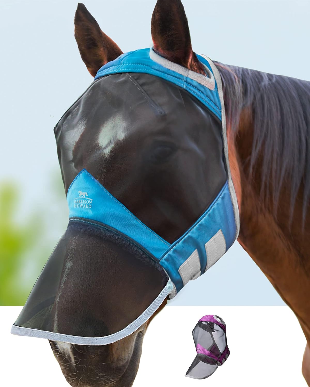 Harrison Howard CareMaster Pro Luminous Horse Fly Mask Large Eye Space Full Face Standard with Nose No Ears Summer Mint L - Image 14