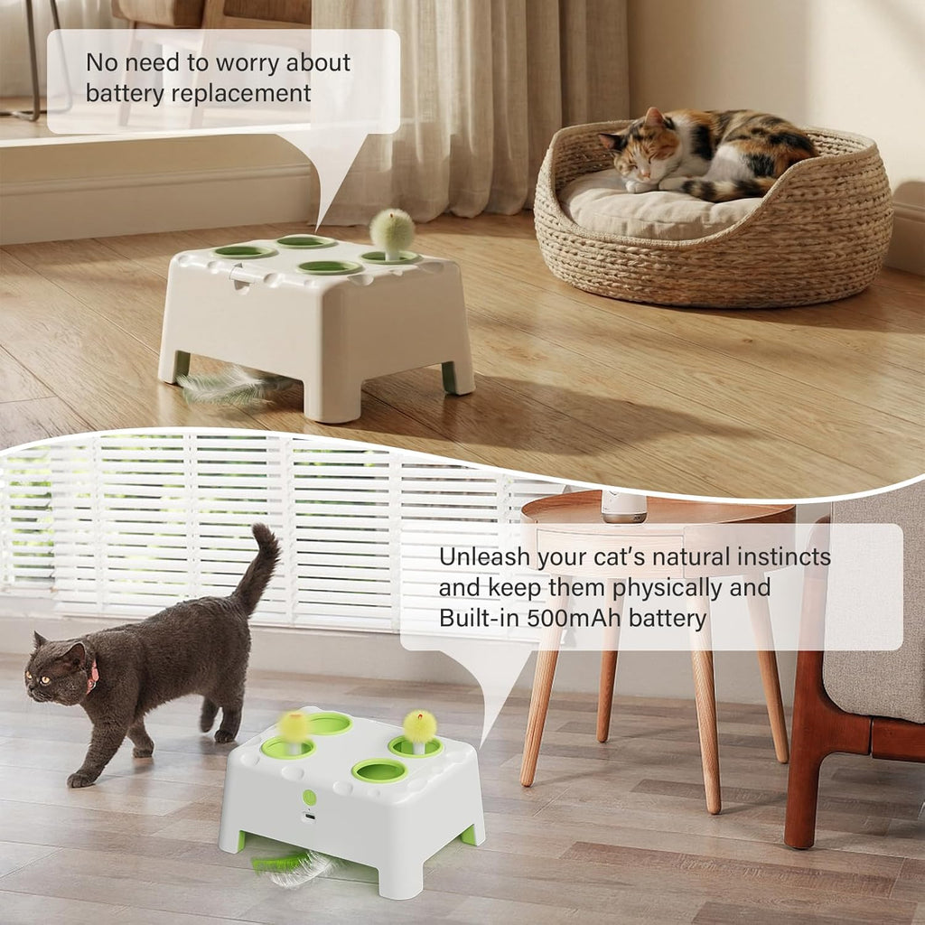 HAPPYCODE automated enrichment toy featuring an adult domestic shorthair cat pouncing on the popping feather.
