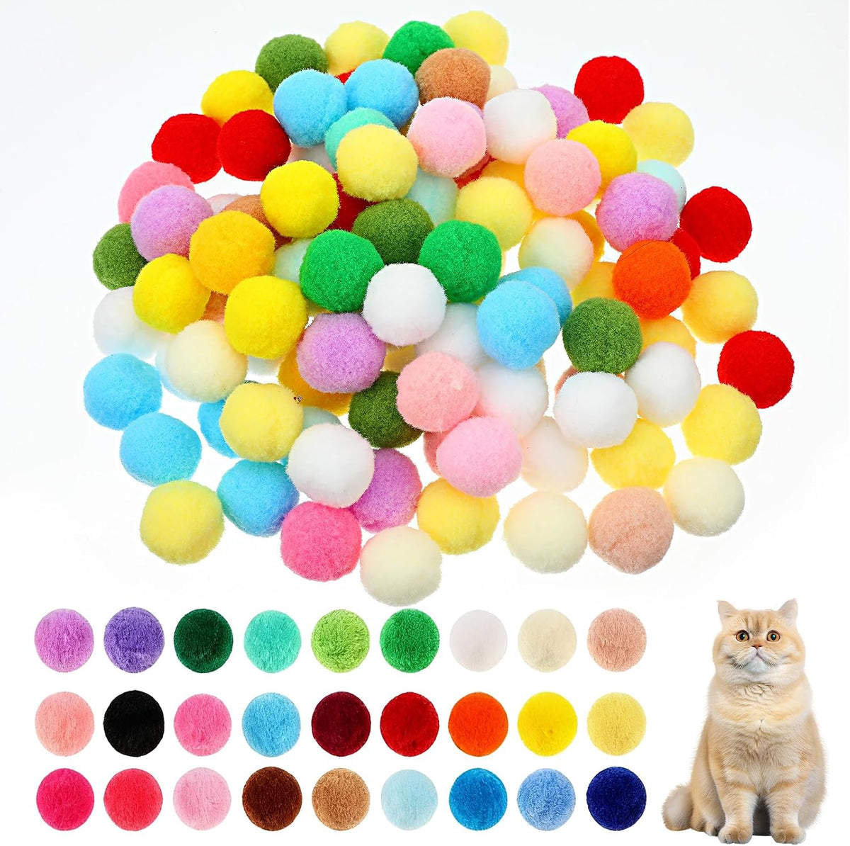 LXUEJIE 100 Pieces Cat Toy Balls front view showing assorted colorful plush pom poms for pet entertainment