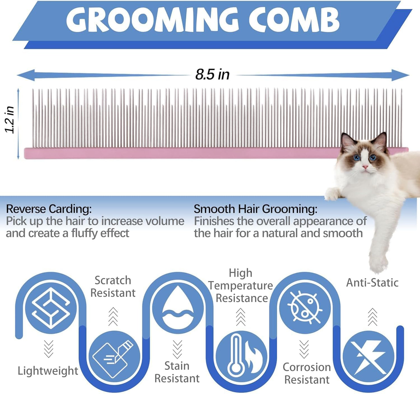 Anti-static cat comb with rounded corners to prevent skin irritation.