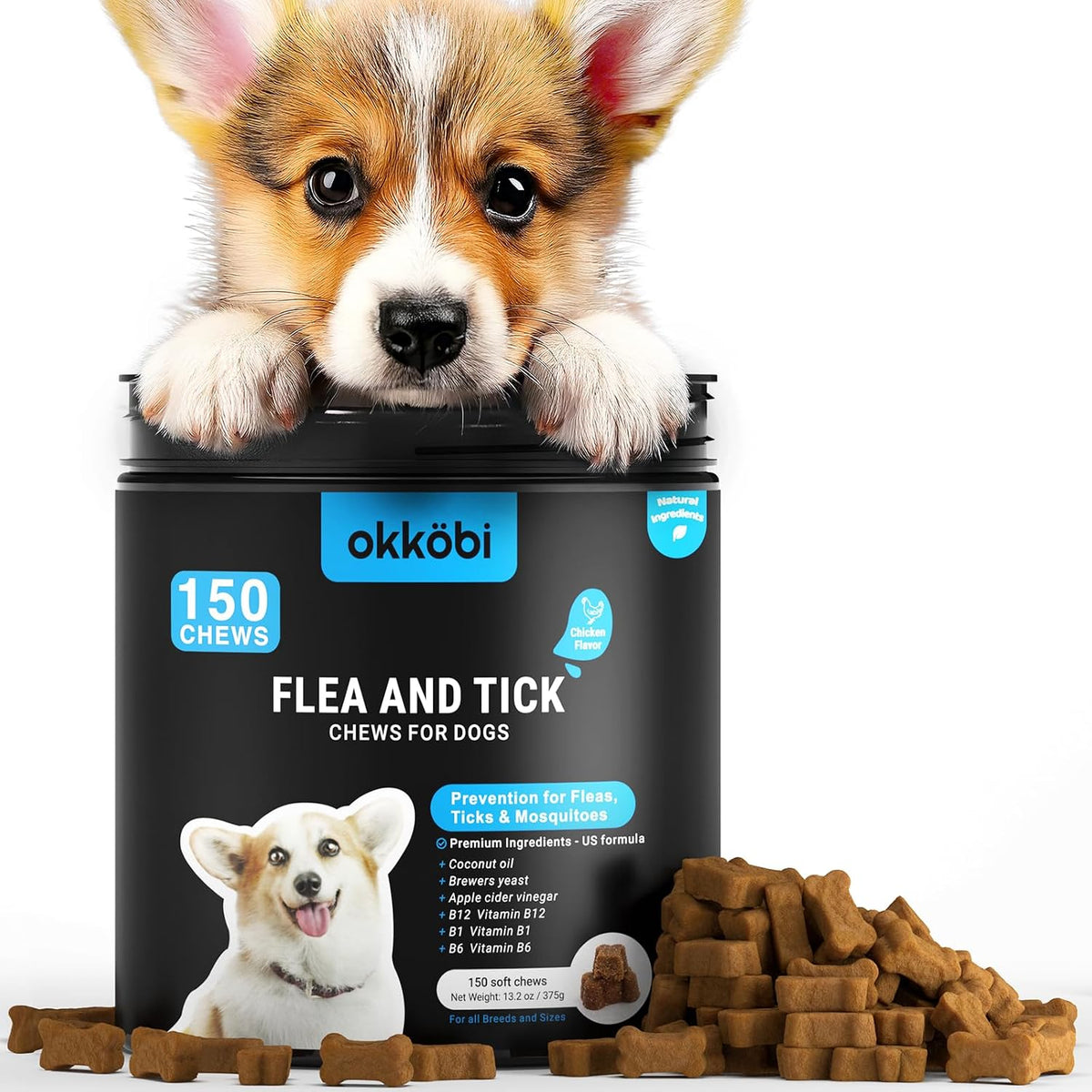 Okkobi flea and tick prevention dog chewables front view container packaging