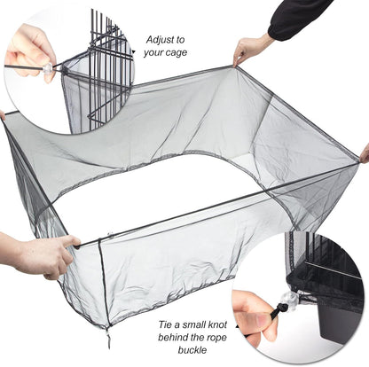 Premium stretchable bird cage net cover protecting household floors from scattered seeds and feathers.