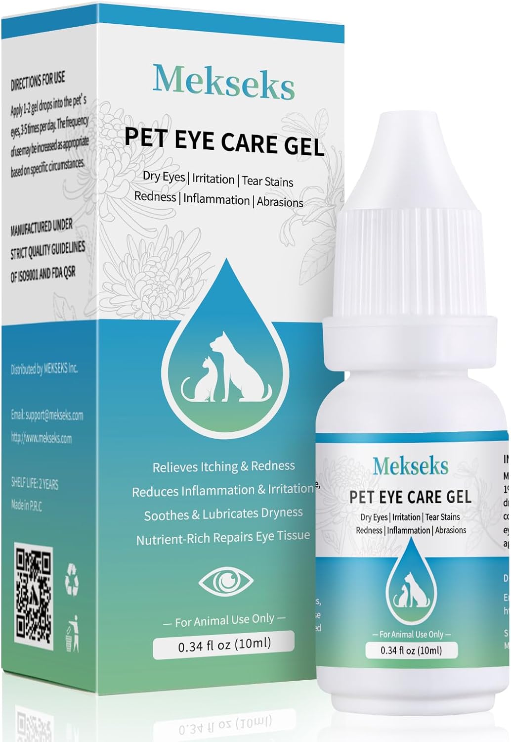 Mekseks Pet Eye Care Gel Drop bottle front view showing 1% hyaluronan formula for dog and cat eye relief