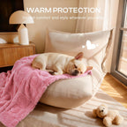 Washable puppy blanket being placed into a washing machine for easy cleaning.