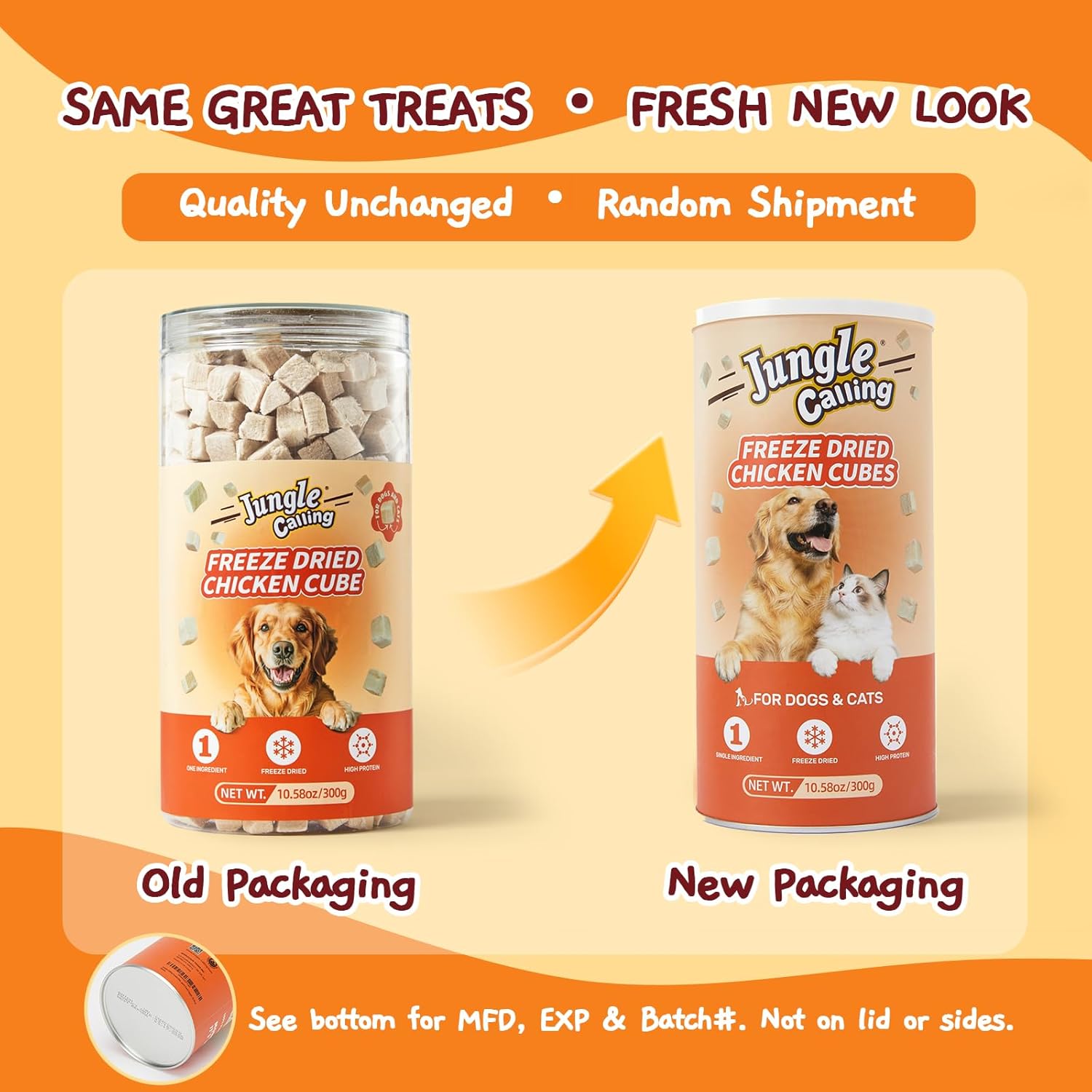 Jungle Calling freeze-dried single ingredient chicken cubes scattered next to the container