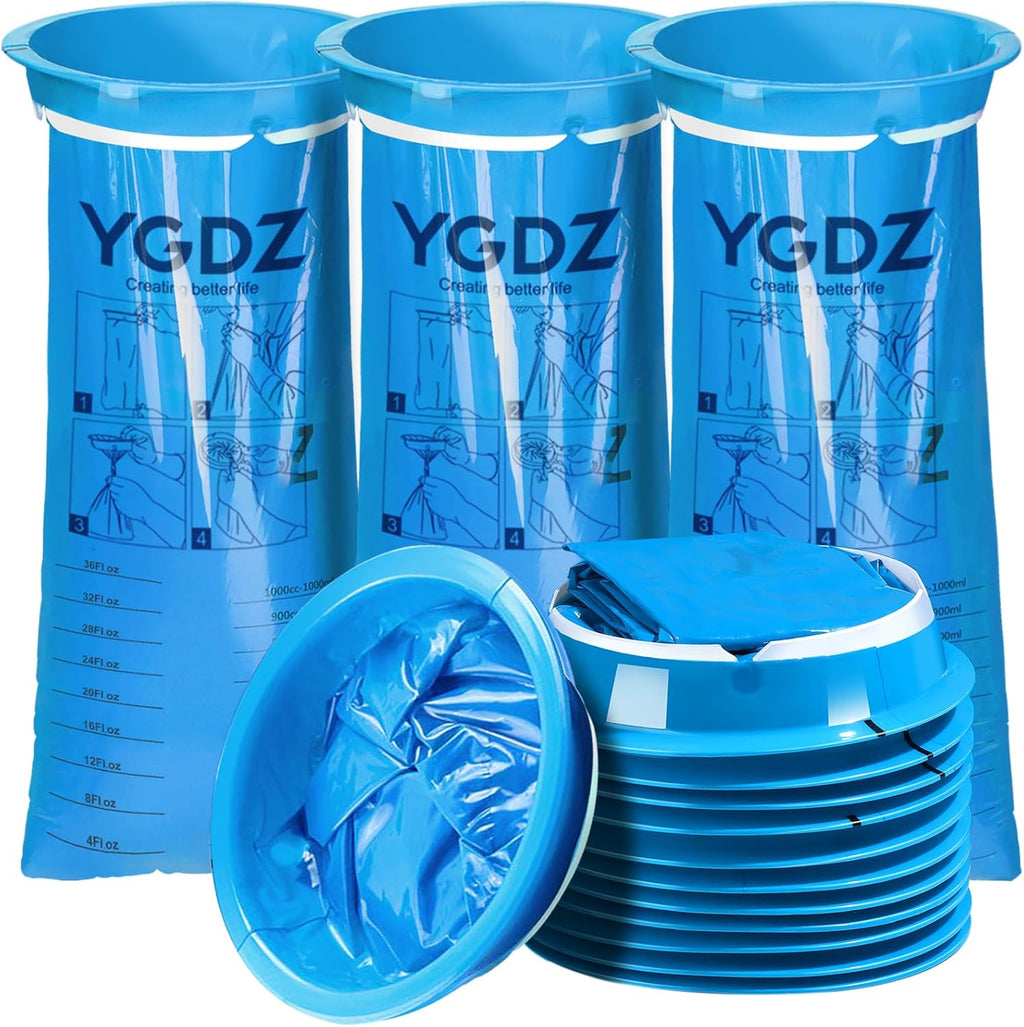 YGDZ disposable vomit bags 15 pack front view showing blue medical grade plastic design