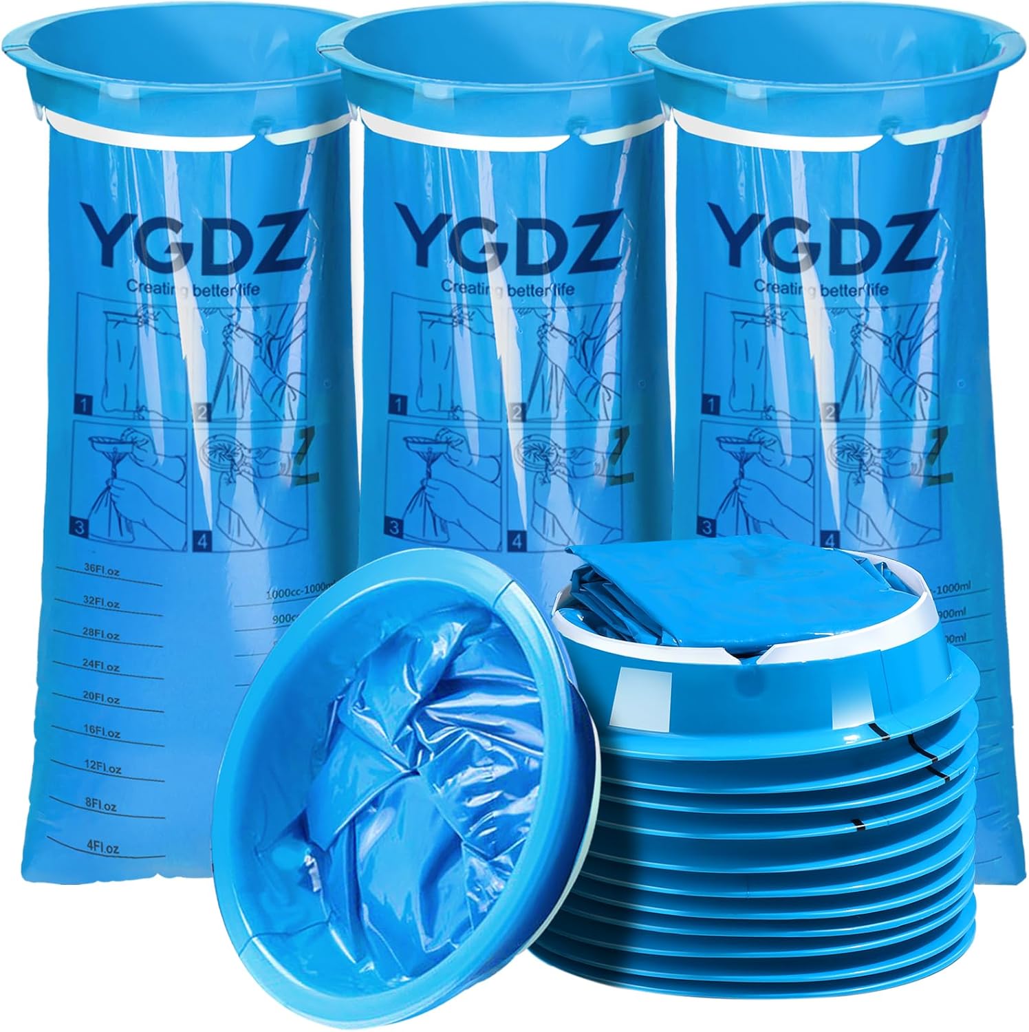 YGDZ disposable vomit bags 15 pack front view showing blue medical grade plastic design