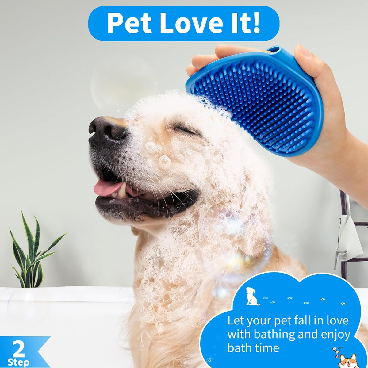Ergonomic panda shaped dog scrubber showing soft rubber massaging bristles