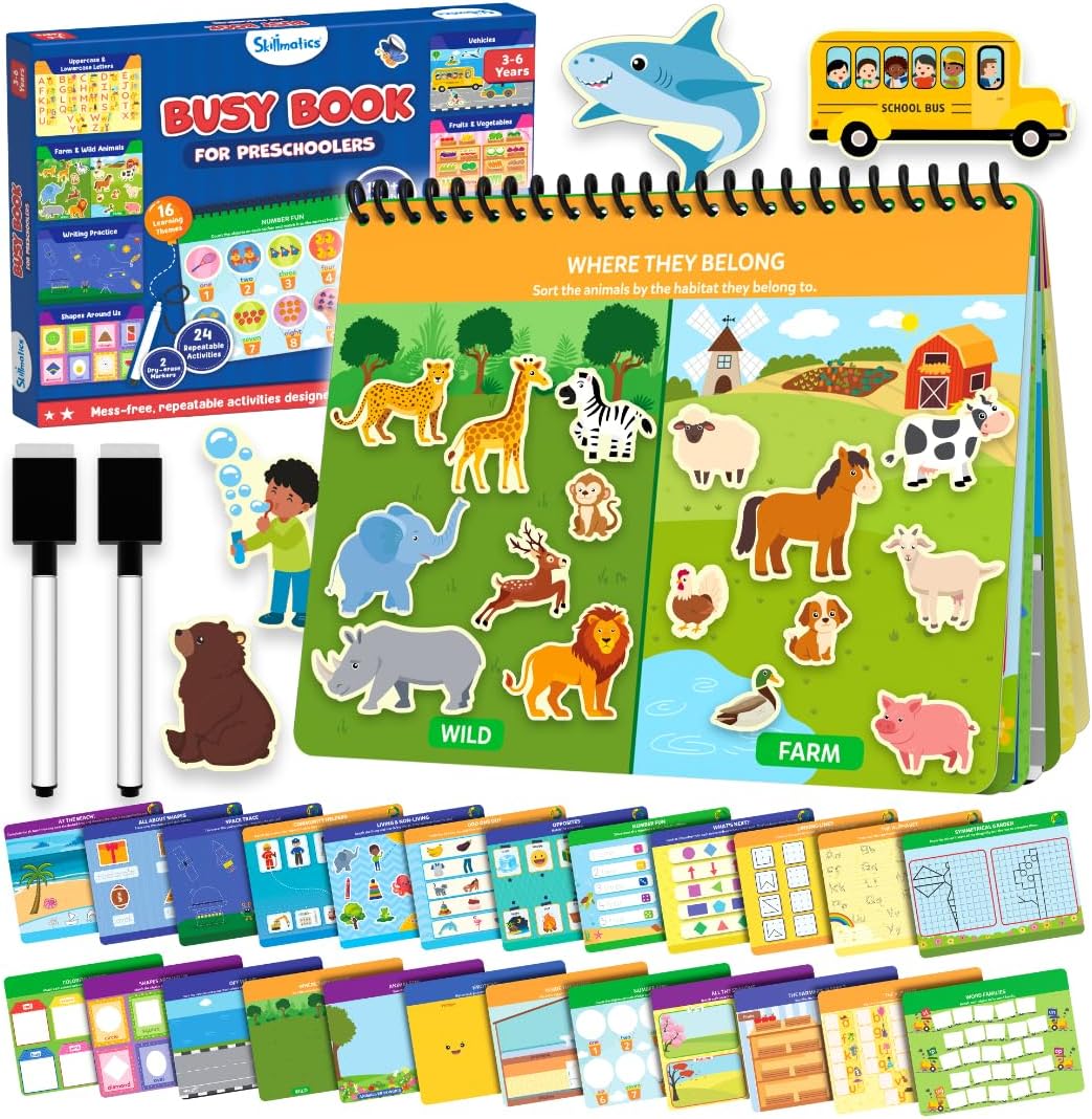 Skillmatics Montessori Busy Book front cover view showing educational preschool activities
