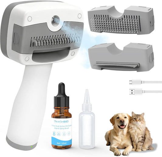 Pawimood 5 in 1 Pet Steam Brush front view showing the sleek rechargeable handle and ergonomic design for pet grooming.