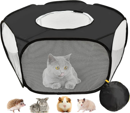 Guinea Pig Playpen, Waterproof Small Animals Playpen with Anti Escape Cover Portable Cat Playpen Breathable Indoor/Outdoor Yard Exercise Cage Tent for Hamster Puppy Chinchillas Rabbits(Black) - Image 1