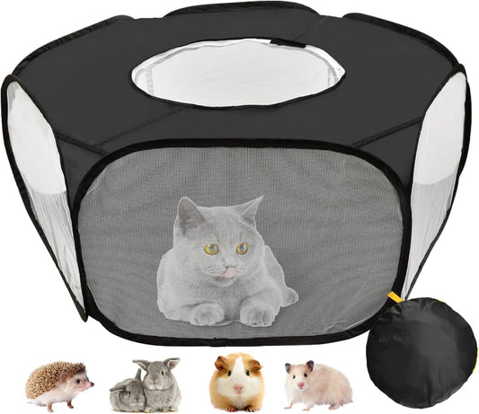 Guinea Pig Playpen, Waterproof Small Animals Playpen with Anti Escape Cover Portable Cat Playpen Breathable Indoor/Outdoor Yard Exercise Cage Tent for Hamster Puppy Chinchillas Rabbits(Black) - Image 1