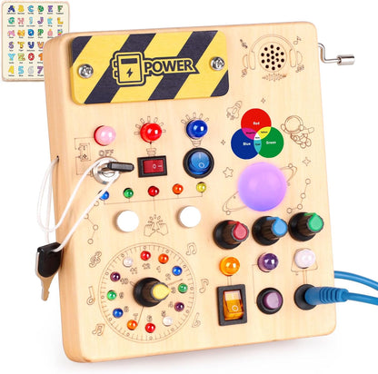 Konijiwa wooden busy board front view showing interactive LED light switches and master power toggle for toddler sensory learning