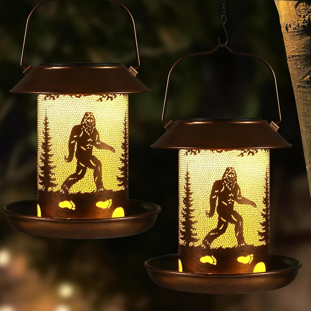 Tepaken rustic copper solar lantern placed in a garden pathway setting