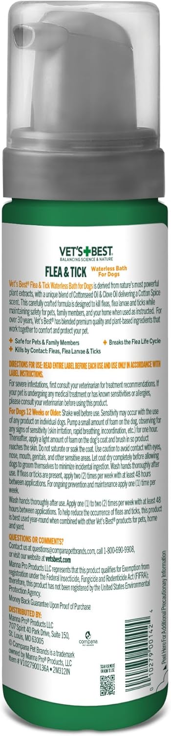 Natural flea and tick dry shampoo foam for dogs close up packaging