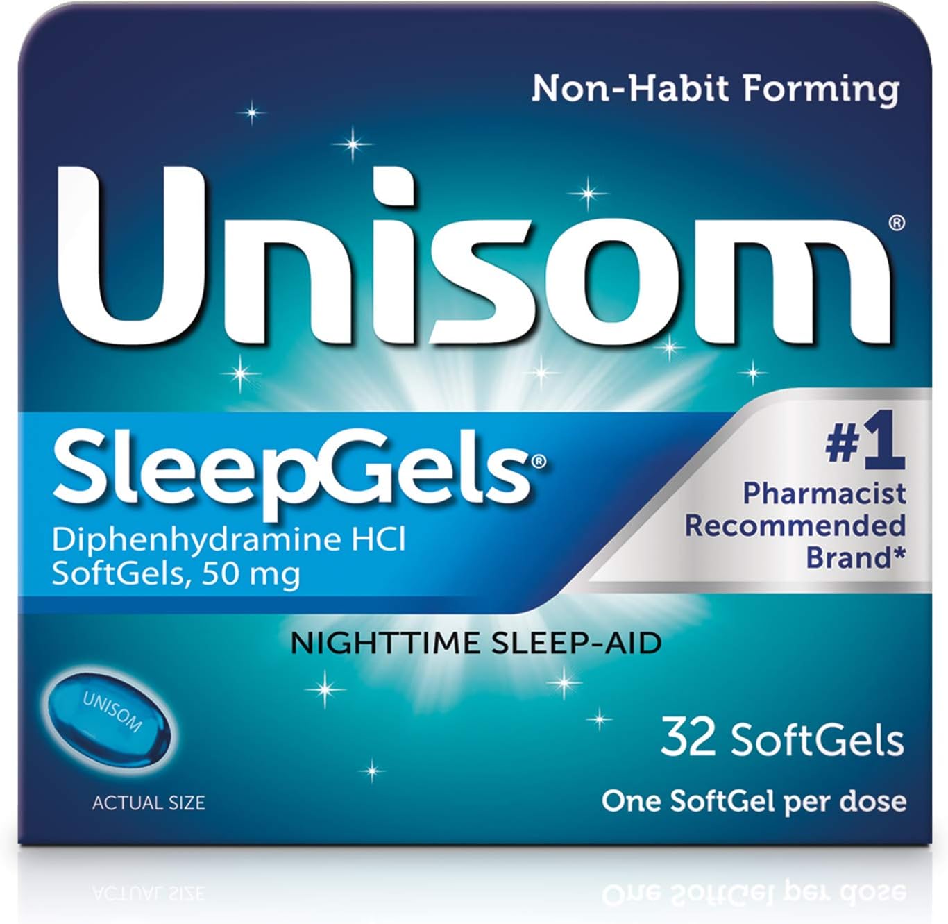 Unisom SleepGels nighttime sleep aid front view packaging showcasing thirty two liquid capsules.