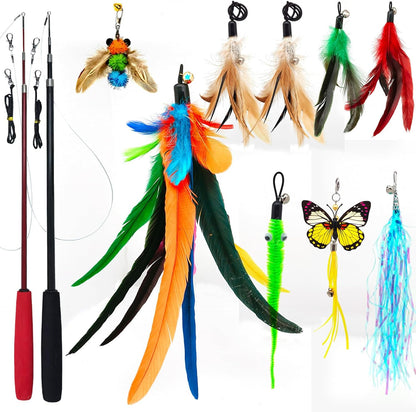 Miwoowim interactive cat toy wand set front view packaging with two retractable fishing poles and replacement feather refills.