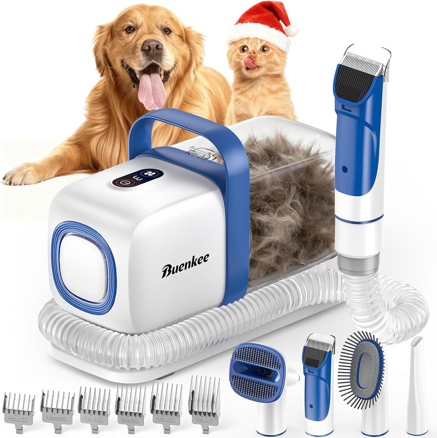 Buenkee dog grooming kit with vacuum white front view showing the main container and attached hose.