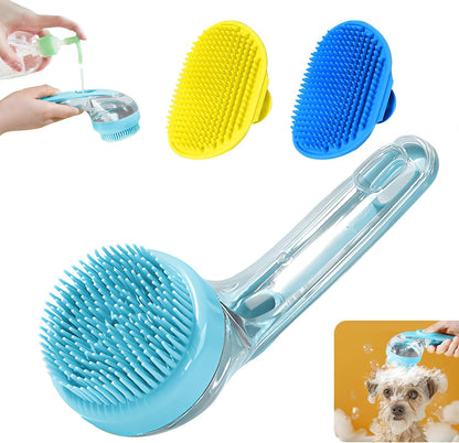 Peehss 3Pcs dog bath brush set front view showing the blue shampoo dispensing scrubber and palm brushes.