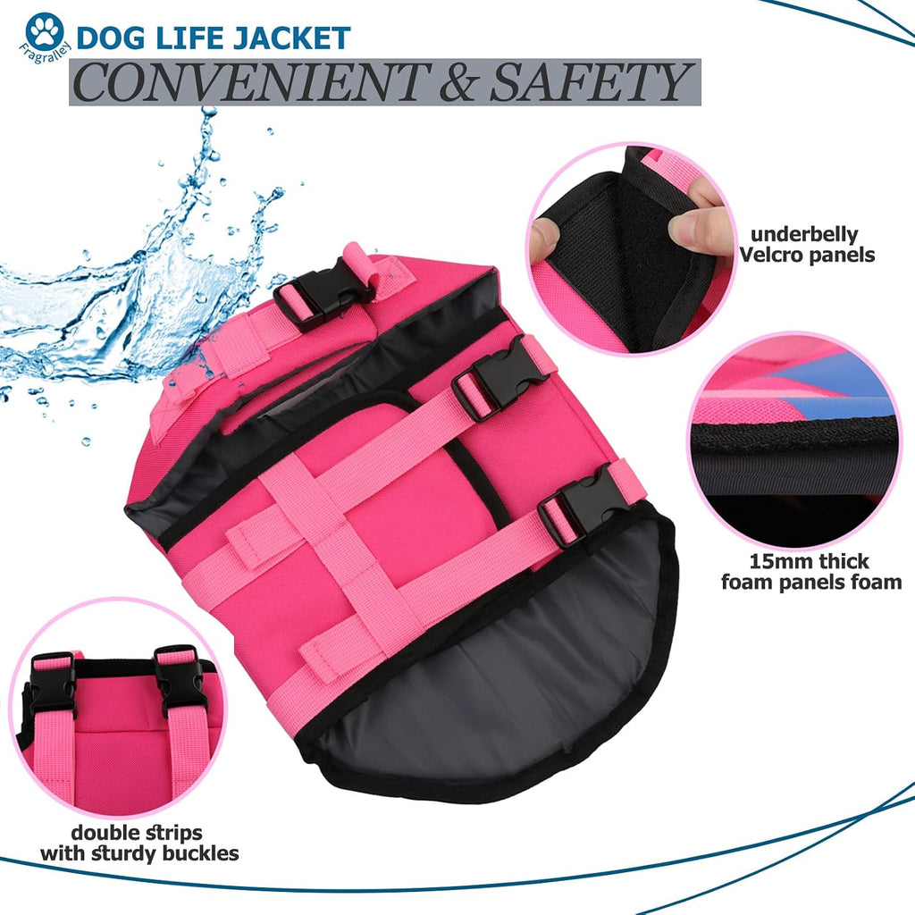 Bright wave pattern shark fin dog life preserver on the beach