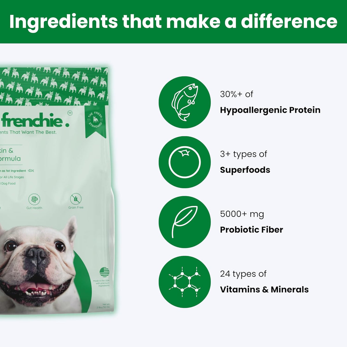 Fresh Frenchie imported dog food packaging detailing breed specific benefits for healthy digestion and skin care