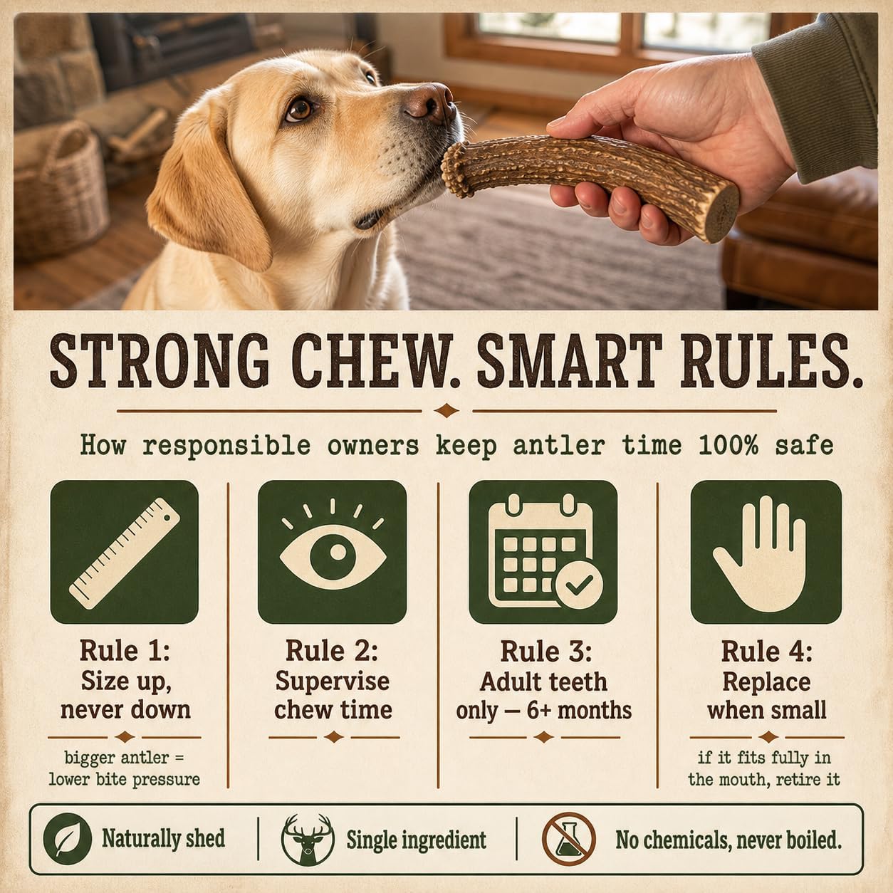 Odor free single ingredient dog dental chew close up view